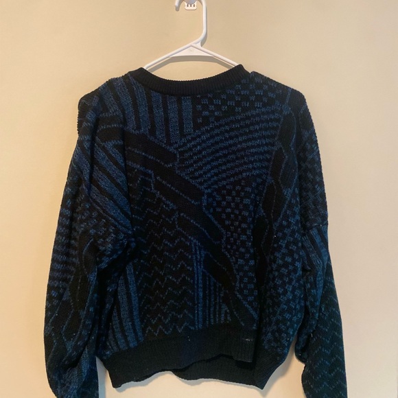 Geometric Knit Crew Neck Sweater in Black and Blue - Picture 1 of 3